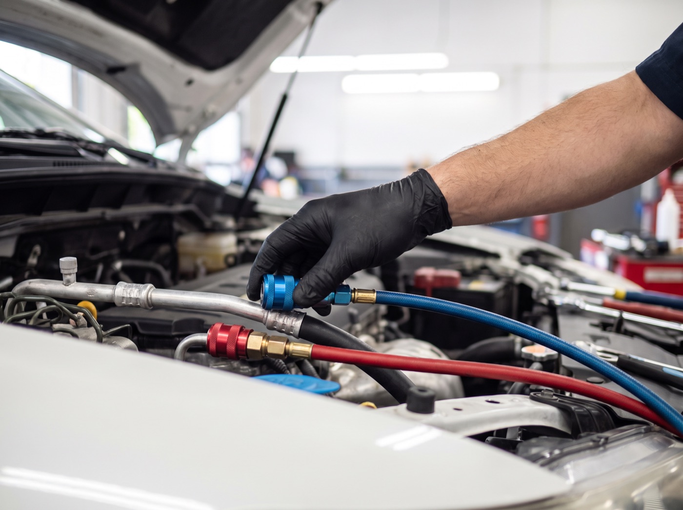 A/C service hoses connected to the low and high pressure ports under a car's hood