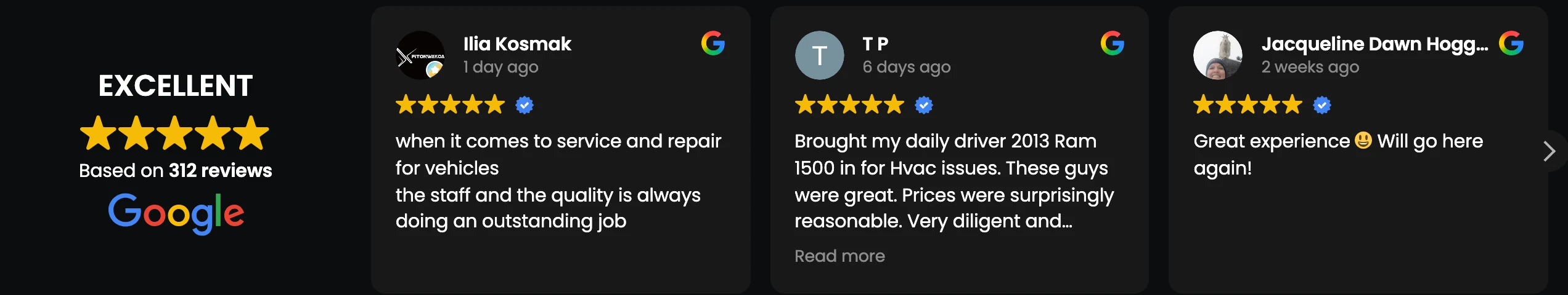 Google reviews: Excellent, 4.9 stars based on 312 reviews