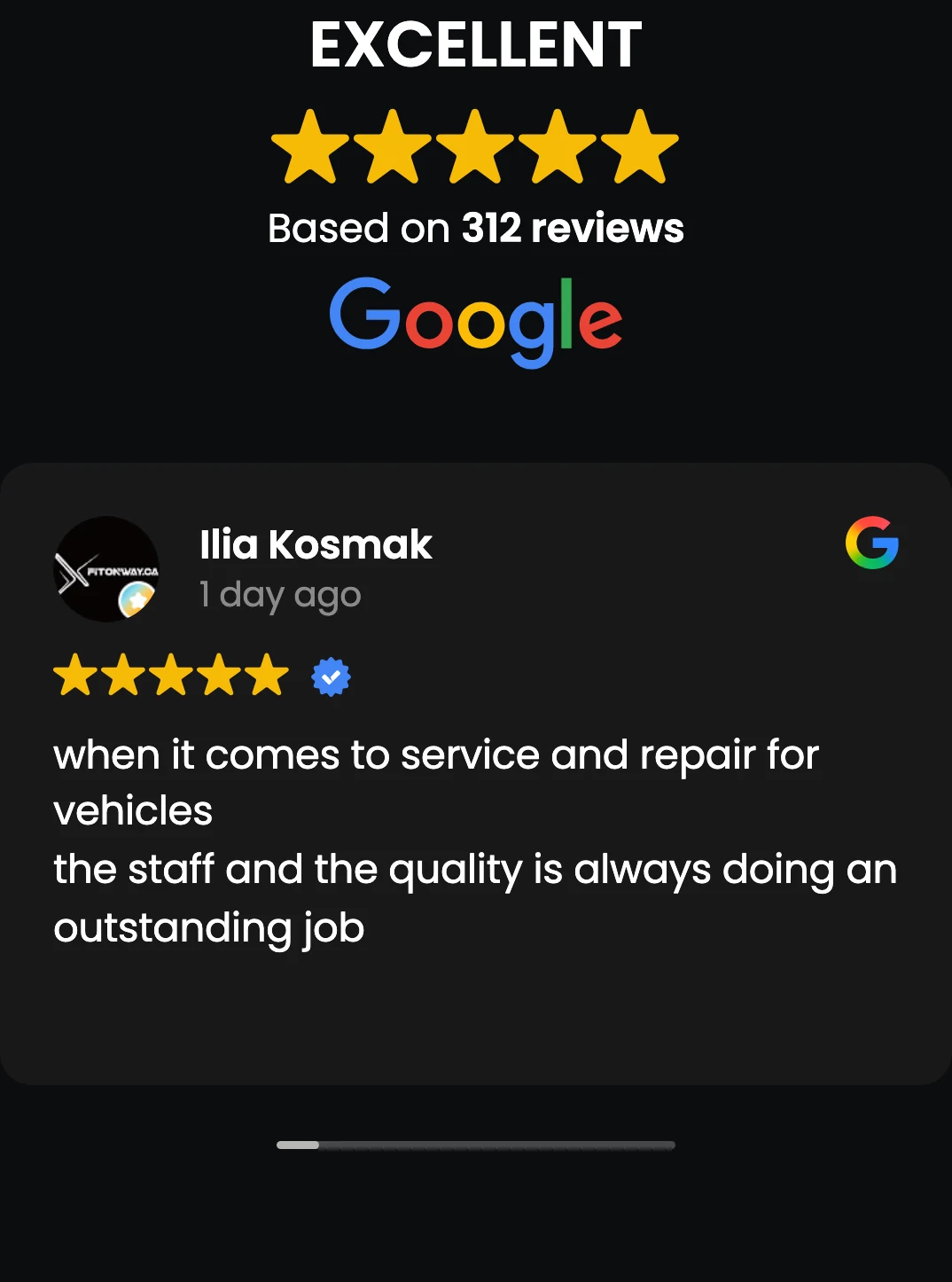 Google reviews: Excellent, 4.9 stars based on 312 reviews