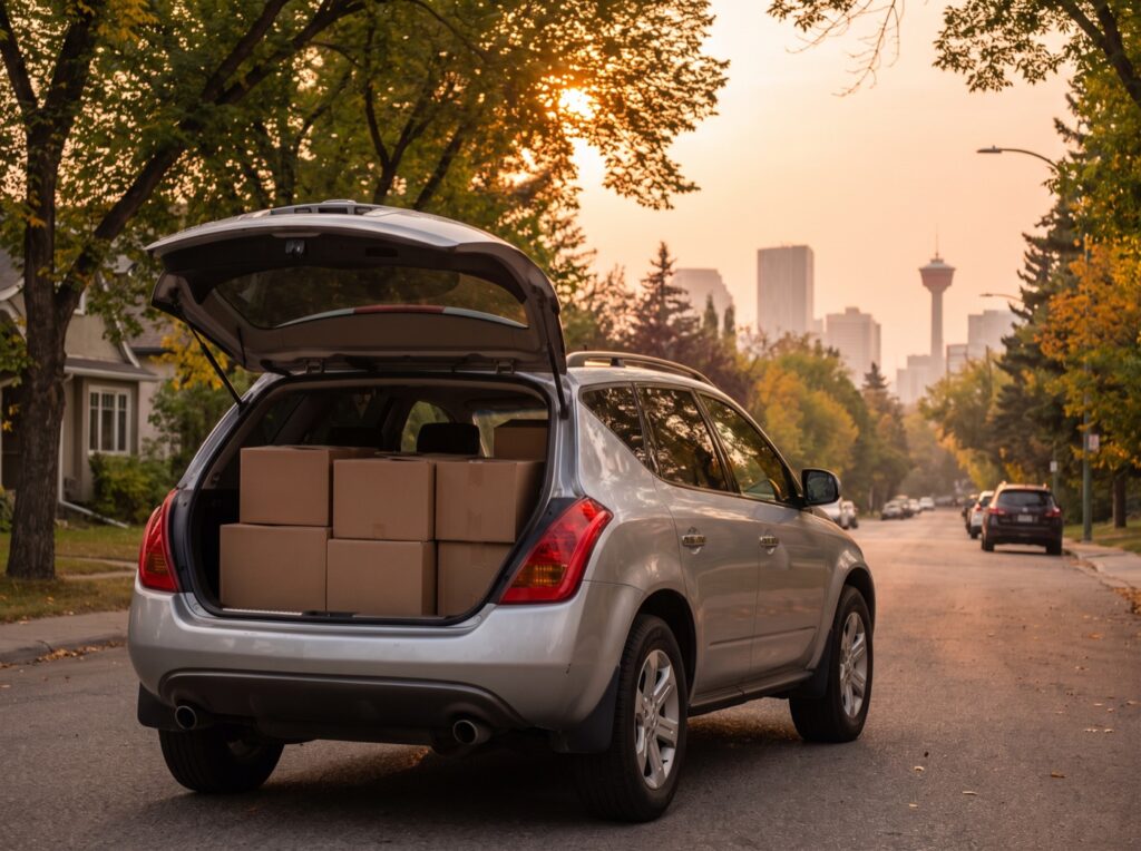 Crossover packed with moving boxes on a Calgary street with the downtown skyline behind