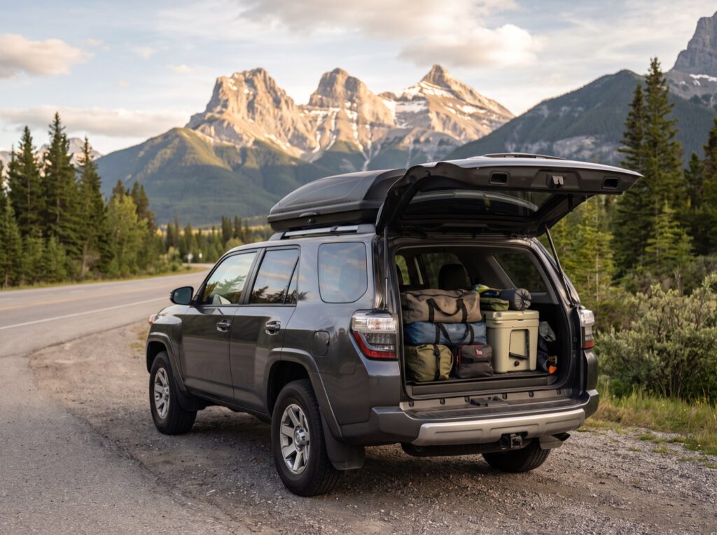 SUV packed for a road trip at a pull-out near Canmore with the Three Sisters behind