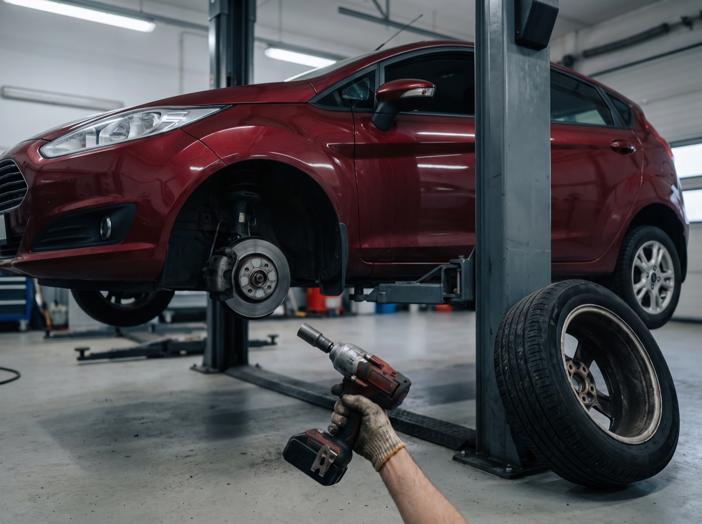 Seasonal tire changeover with a wheel off and an impact wrench at the hub