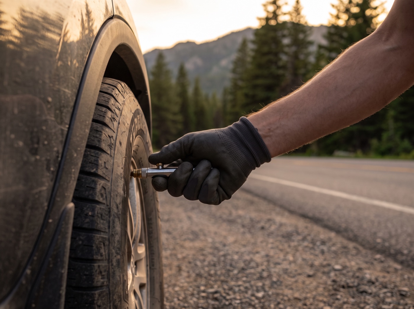 Checking SUV tire pressure with a gauge before a long drive