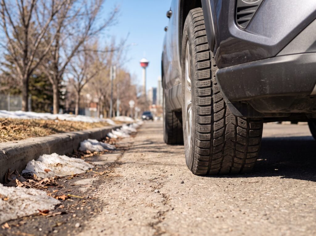 Winter tire tread on dry, warm pavement on a spring day in Calgary