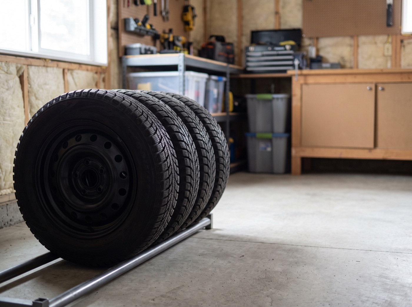 Four winter tires on steel wheels stacked in a dry garage for summer storage